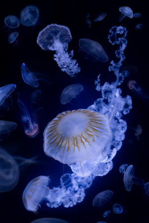 Beautiful jellyfish floating in the aquarium on the black backgroundの写真素材
