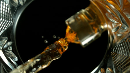 Freeze Motion Shot of Whiskey Liquid Pouring, Macro, Unique Angle of View from the Bottom of the...