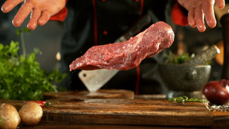 Close-up of falling salt on tasty beef steak in kitchen. Chef in background.