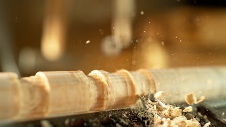 Close-up of carving wood with a chisel. Low depth of focus, super macro shot.の写真素材