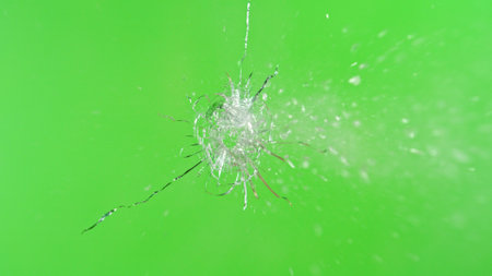 Close-up of gunshot through the glass, shattering against the green backgroundの写真素材