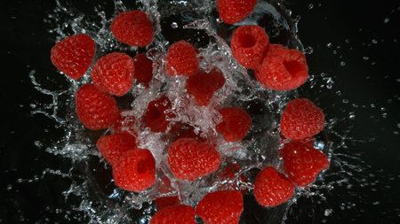Fresh pieces of raspberries falling into water, top down view, black backgroundの写真素材