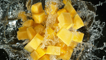 Fresh mango pieces falling into water, top down viewの写真素材