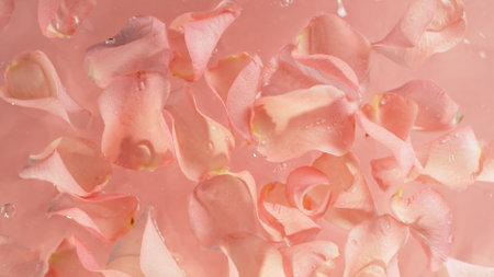Freeze motion of rose petals with splashing water on light pink backgroundの写真素材