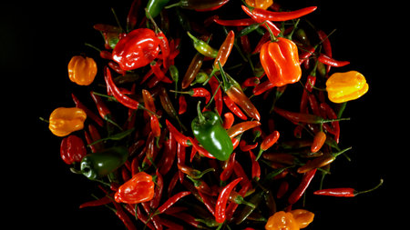 Freeze motion of flying red chilli peppers isolated on black background