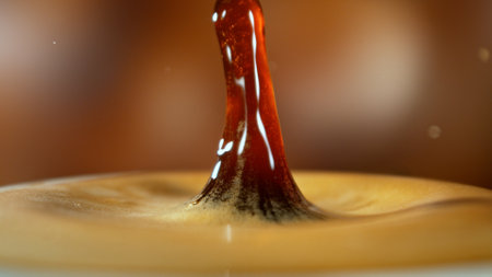 Freeze Motion Detail Shot of Coffee Drop Falling into Fresh Espresso at 1000 fps . Filmed on High Speed Cinematic Camera at 1000 FPS .の写真素材