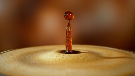 Freeze Motion Detail Shot of Coffee Drop Falling into Fresh Espresso at 1000 fps . Filmed on High Speed Cinematic Camera at 1000 FPS .の写真素材