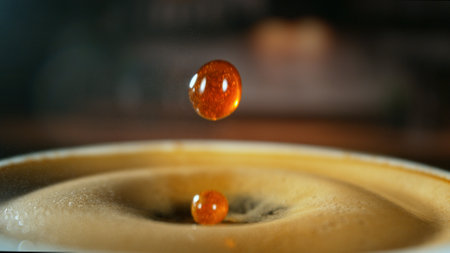 Freeze Motion Detail Shot of Coffee Drop Falling into Fresh Espresso at 1000 fps . Filmed on High Speed Cinematic Camera at 1000 FPS .の写真素材