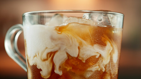 Macro Shot of Pouring Milk into Ice Coffee, Close-upの写真素材