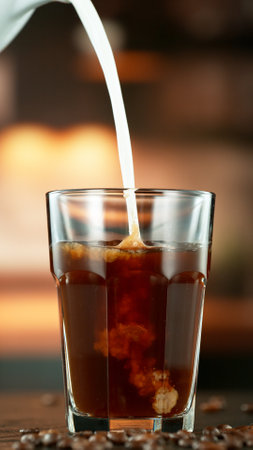 Freeze Motion Shot of Pouring Milk into Coffee in a Cafeの写真素材