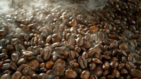 Freeze Motion of Whole Roasted Coffee Beans in Roastery Millの写真素材