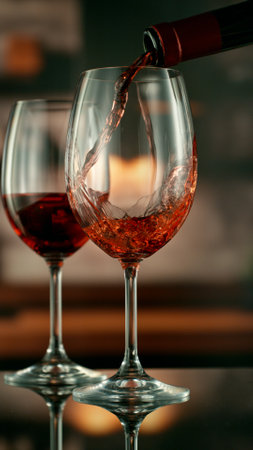 Close-up of red wine pouring into glass , freeze motion.の写真素材