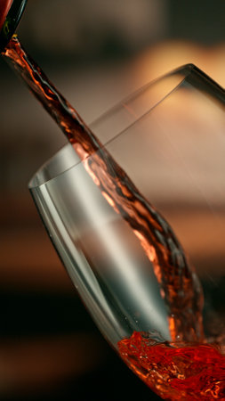Close-up of red wine pouring into glass , freeze motion.の写真素材
