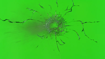 Close-up of gunshot through the glass, shattering against the green backgroundの写真素材