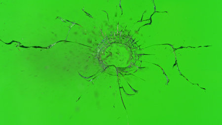 Close-up of gunshot through the glass, shattering against the green background
