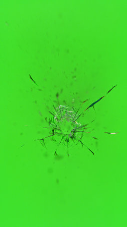 Close-up of shot through the glass, shattering against the green background