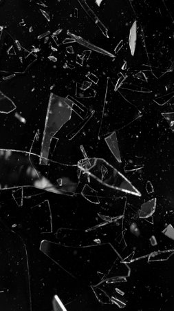Close-up of shattering glass on black background , freeze motionの写真素材