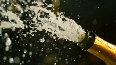 Freeze motion of Champagne explosion with flying cork closure, opening champagne bottle closeup.の写真素材