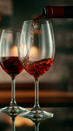 Close-up of red wine pouring into glass , freeze motion.の写真素材