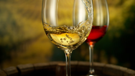 Close-up of white wine pouring into glass on vineyards , freeze motionの写真素材