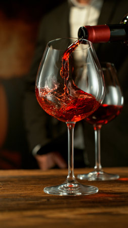 Close-up of red wine pouring into glass in wine cellar , freeze motion.の写真素材