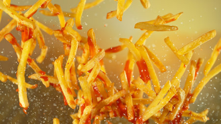 Freeze motion of flying french fries on gradient background