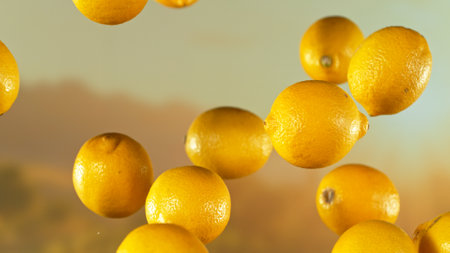 Freeze motion shot of flying fresh Lemons , close-upの写真素材