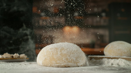 Freeze Motion of Falling Yeast Dough into Flour . Closeup of Bread or Pizza Dough Preparation