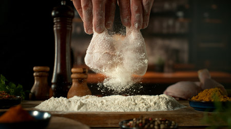 Freeze Motion of Hitting Raw Chicken Legs Covered with Flour . Closeup of Meat Preparation