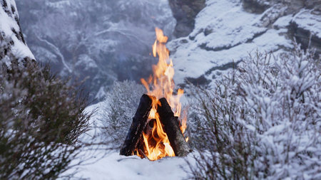 Crackling Campfire in the Winter Foggy Mountains , Harsh Atmosphere , Authentic Placeの写真素材