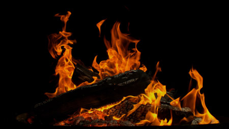 Freeze motion of campfire flames isolated on black backgroundの写真素材