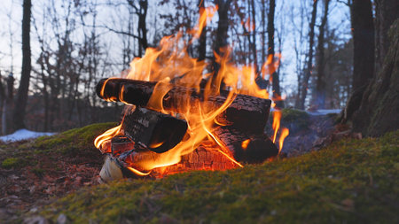 Beautiful Crackling Campfire in a Spring Forest , Authentic Placeの写真素材
