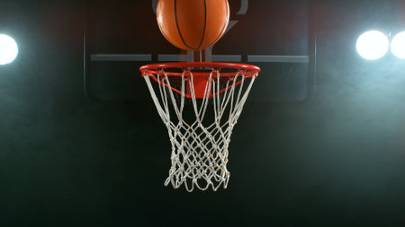 Freeze motion of basketball ball hitting the basket