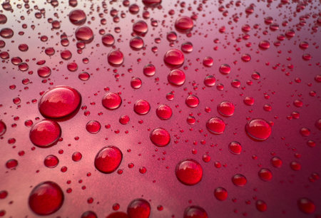Beautiful Water Drops on Red Metallic Paint. Reflections and large Dropsの写真素材
