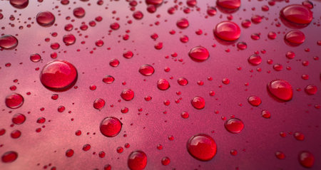 Beautiful Water Drops on Red Metallic Paint. Reflections and large Dropsの写真素材
