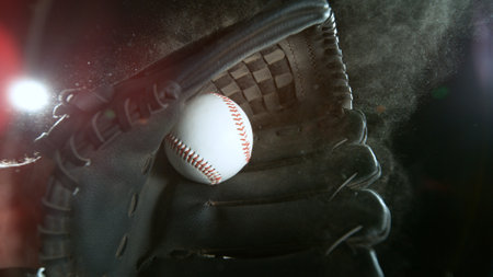 Hand in brown leather baseball glove caught ball isolated on black background