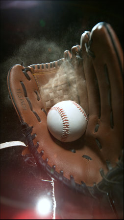 Hand in brown leather baseball glove caught ball isolated on black backgroundの写真素材