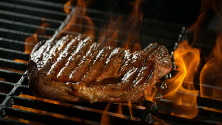 Close-up of Beef Steak on a Grill with Roaring Flamesの写真素材