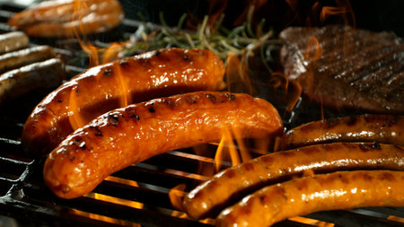 Close-up of Barbeque Grill with Various Meats and Roaring Flamesの写真素材