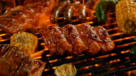 Close-up of Tasty Pork Ribs on Barbeque Grill with Roaring Flamesの写真素材