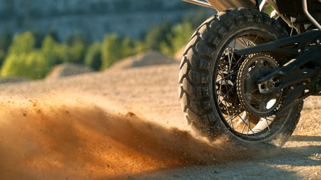 Flying rocks and dust from the wheel of a motocross bike at the start of the race