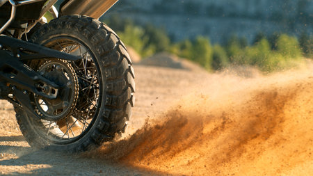 Flying rocks and dust from the wheel of a motocross bike at the start of the raceの写真素材