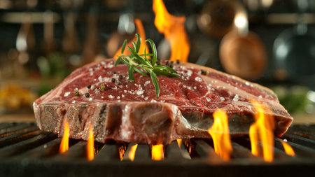 Close-up of Beef Steak on a Grill with Roaring Flames