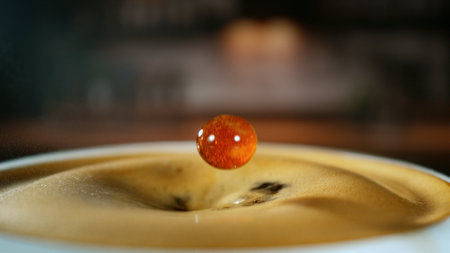 Freeze Motion Detail Shot of Coffee Drop Falling into Fresh Espressoの写真素材