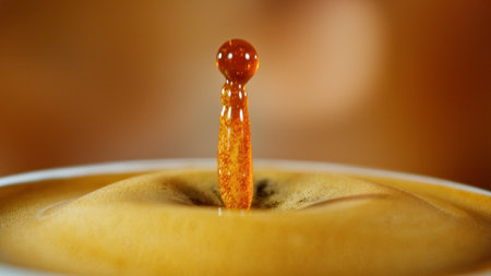 Freeze Motion Detail Shot of Coffee Drop Falling into Fresh Espressoの写真素材
