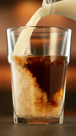 Refreshing coffee with pouring milk into glass, close-up