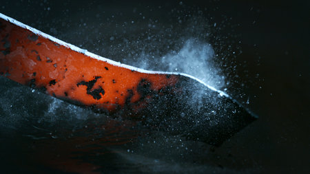 Blacksmith puts the red-hot forged metal part into cold water , close-upの写真素材