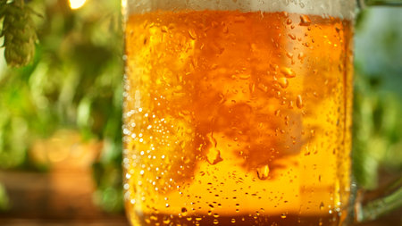 Pouring Beer into Glass with Hops Plants , Close-up