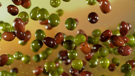 Freeze motion of flying fresh olives, isolated on gradient background.