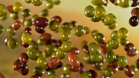 Freeze motion of flying fresh olives, isolated on gradient background.